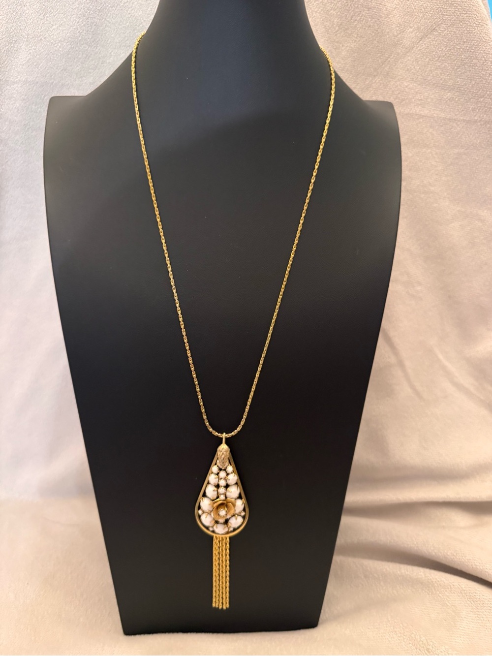 Milk glass Gold Floral Teardrop Pendant Necklace with Tassel - Women Jewelry